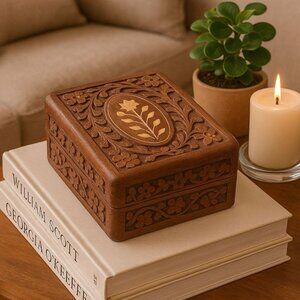 Hand Carved Wooden Keepsake Box with Floral Inlay  Jewelry Storage Trinket Chest